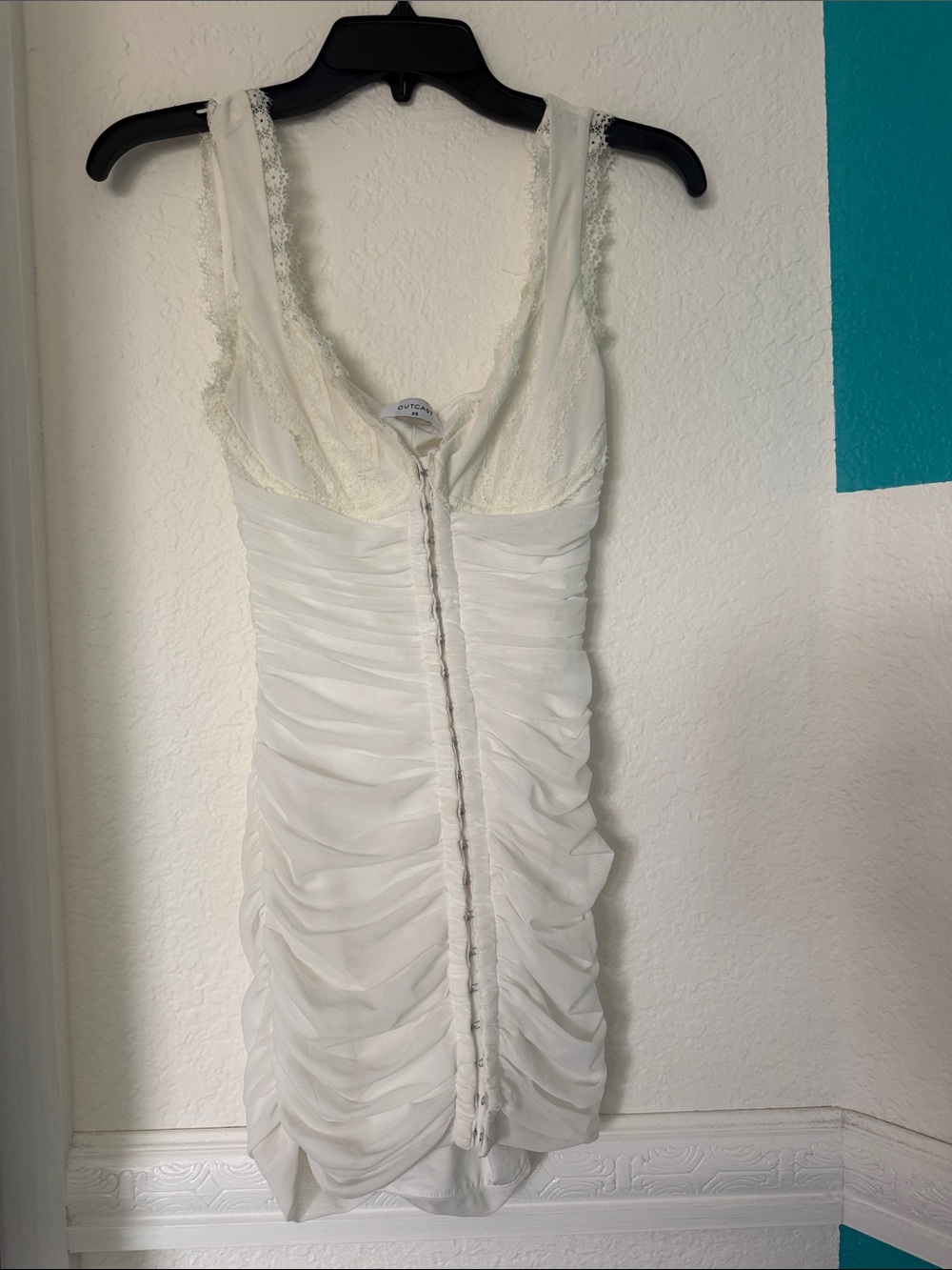 Ruched Ivory Lace-Trim Mini Dress